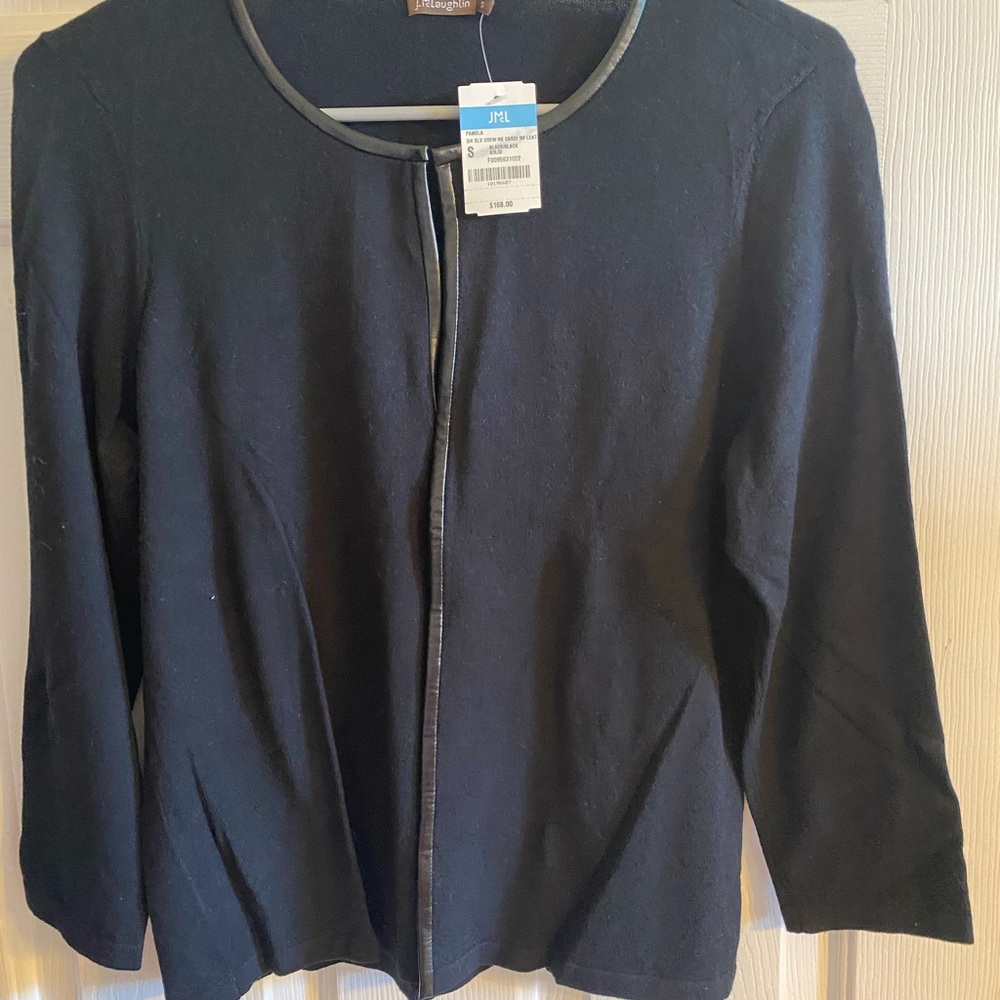 J. McLaughlin Black Cardigan with Leather Trim